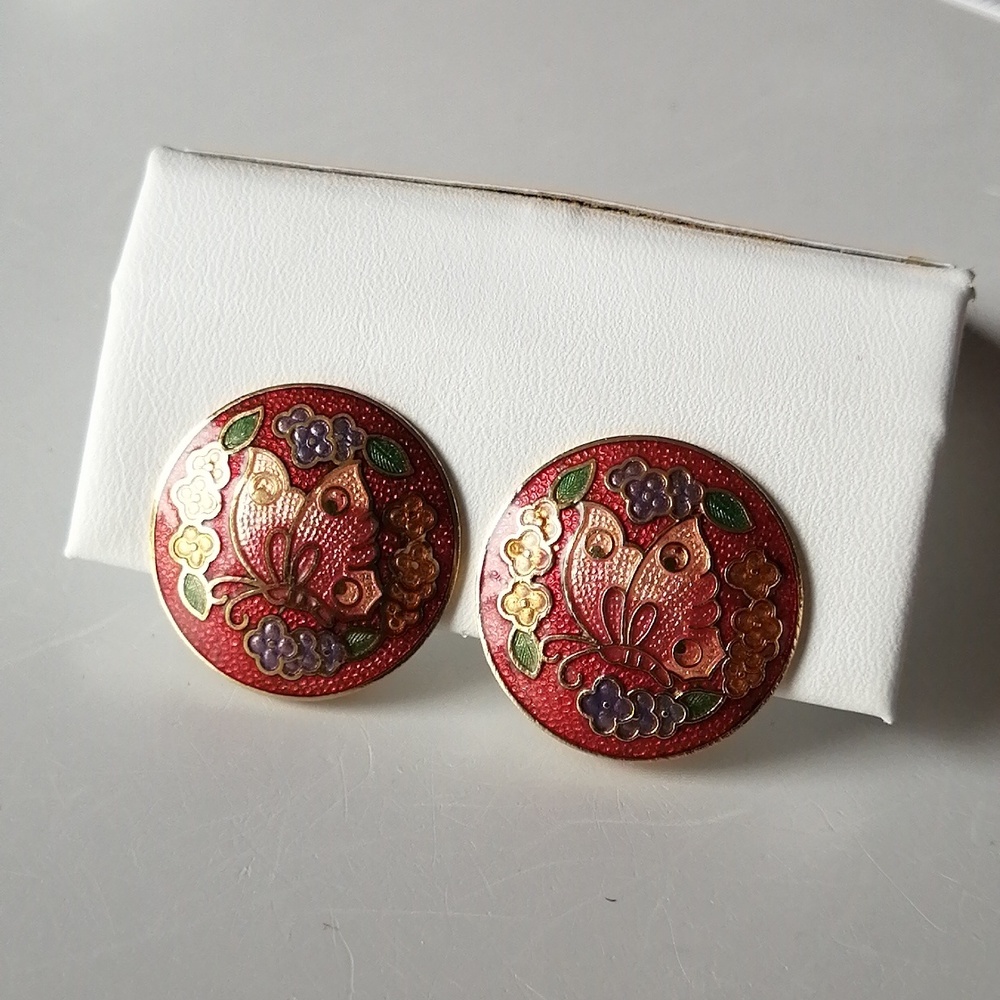 Vintage Earrings Cloisonne Butterfly Red Clip-on
